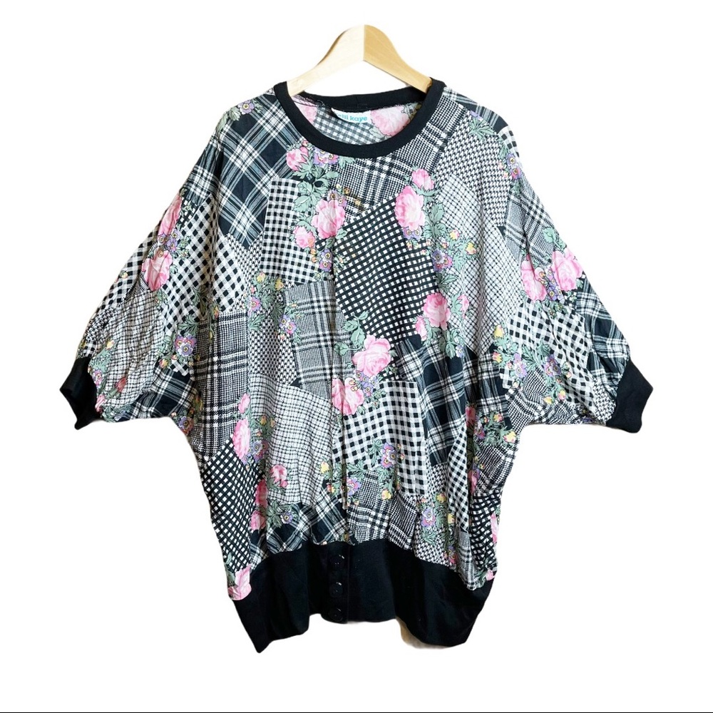 Vintage 90s Oversized Plaid Patchwork Floral Butt… - image 1